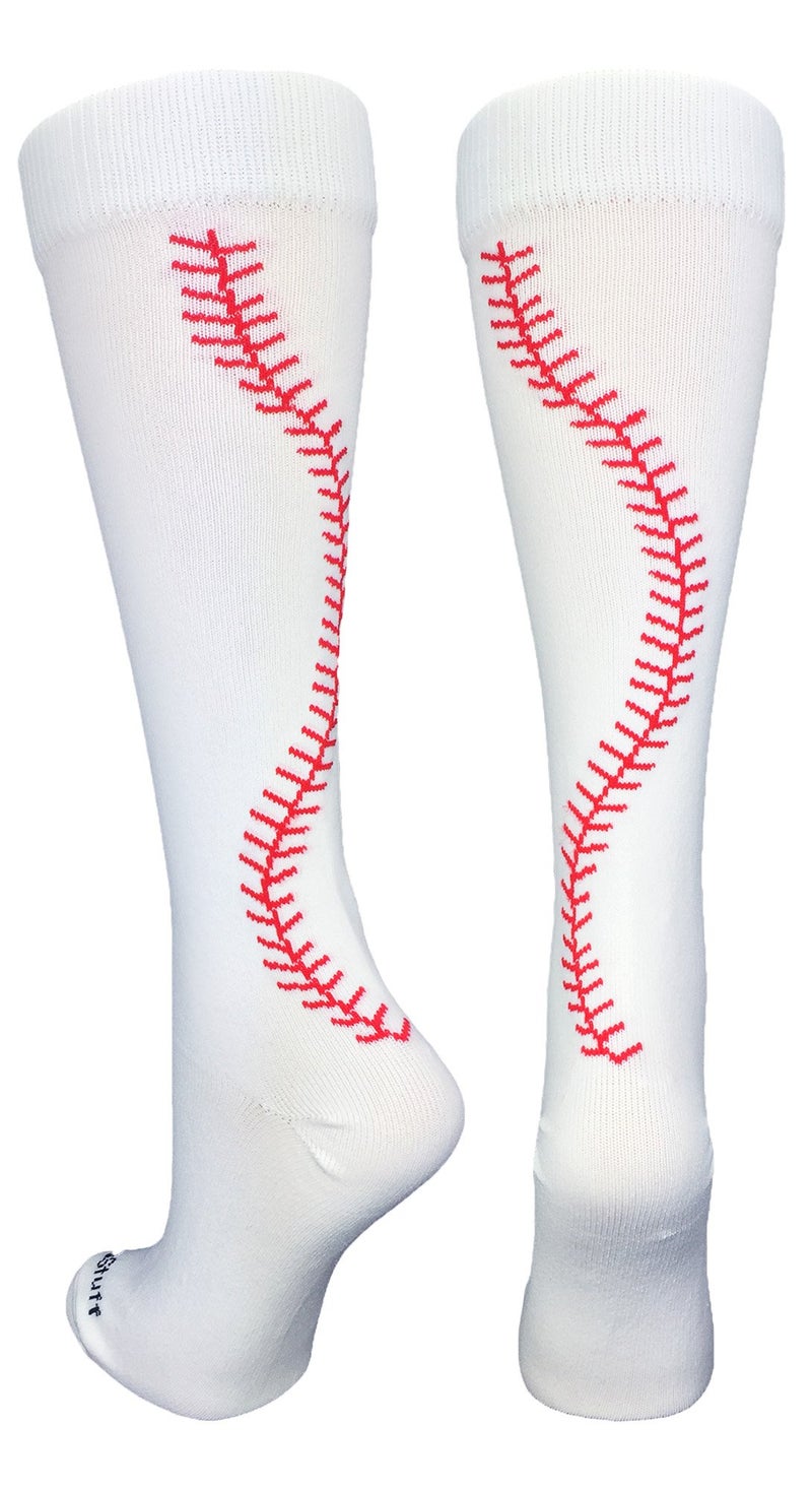MadSportsStuff Softball Socks with Stitches Over the Calf (White/Red, Small) - Image 1